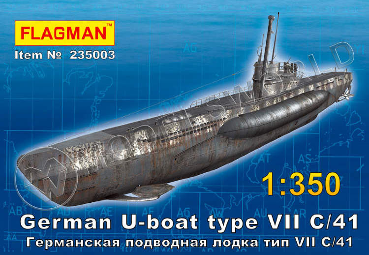 Склеиваемая пластиковая модель Германская подводная лодка тип VII C/41. Масштаб 1:350 - фото 1