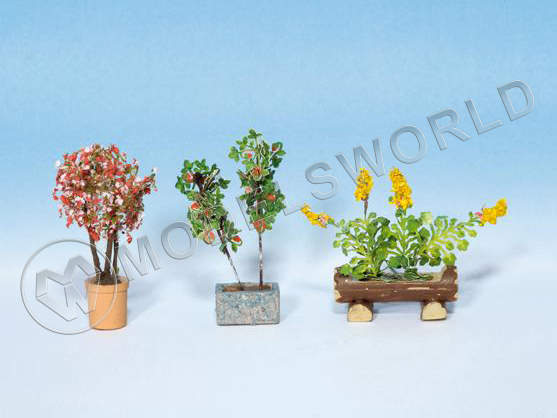 Макеты декоративных цветущих растений в цветочных горшках, 3 шт. Масштаб H0 - фото 1