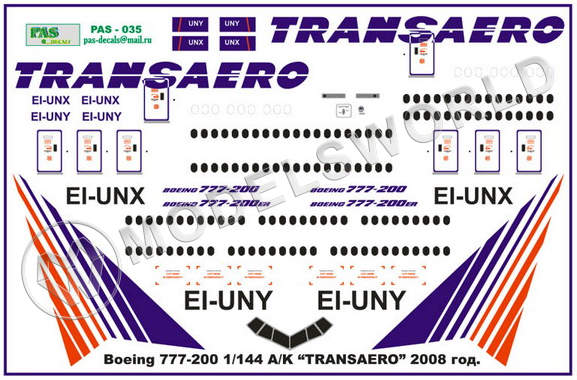 Декаль на Boeing-777/200 Трансаэро EL-UNI. Масштаб 1:144 - фото 1