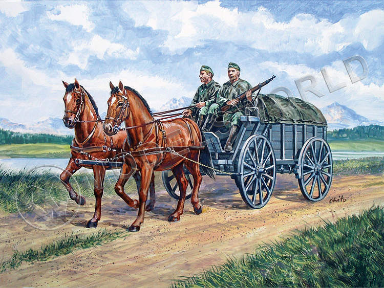 Склеиваемая пластиковая модель Конная повозка с 2 лошадьми и 2 фигурами немецких солдат. Масштаб 1:35 - фото 1