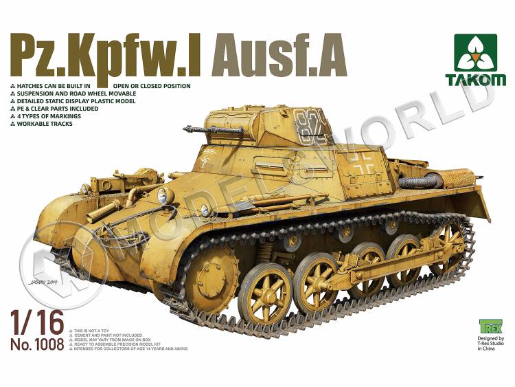 Склеиваемая пластиковая модель Немецкий легкий танк Pz.Kpfw.I Ausf.A с рабочими траками . Масштаб 1:16 - фото 1