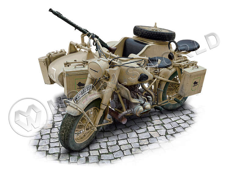 Склеиваемая пластиковая модель Немецкий военный мотоцикл с коляской. Масштаб 1:9 - фото 1
