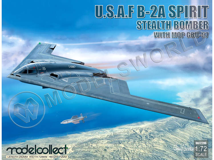 Склеиваемая пластиковая модель Американский стратегический бомбардировщик B-2A Spirit Stealth с бомбами GBU-57. Масштаб 1:72 - фото 1