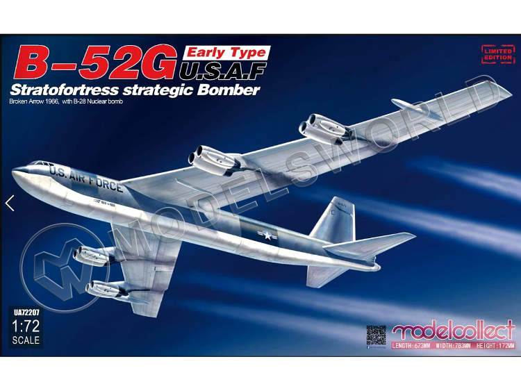Склеиваемая пластиковая модель Американский стратегический бомбардировщик B-52G раннего типа с ядерной бомбой B-28. Масштаб 1:72 - фото 1