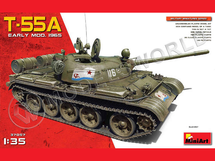 Склеиваемая пластиковая модель Советский средний танк Т-55А раннего выпуска. Масштаб 1:35 - фото 1