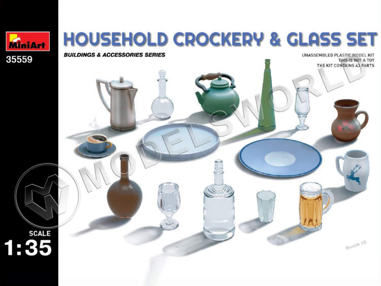 Склеиваемая пластиковая модель Набор бытовой посуды и стаканов. Масштаб 1:35 - фото 1
