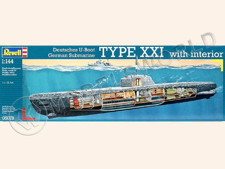 Склеиваемая пластиковая модель Германская субмарина U-Boat Type XXI с интерьером. Масштаб 1:144 - фото 1