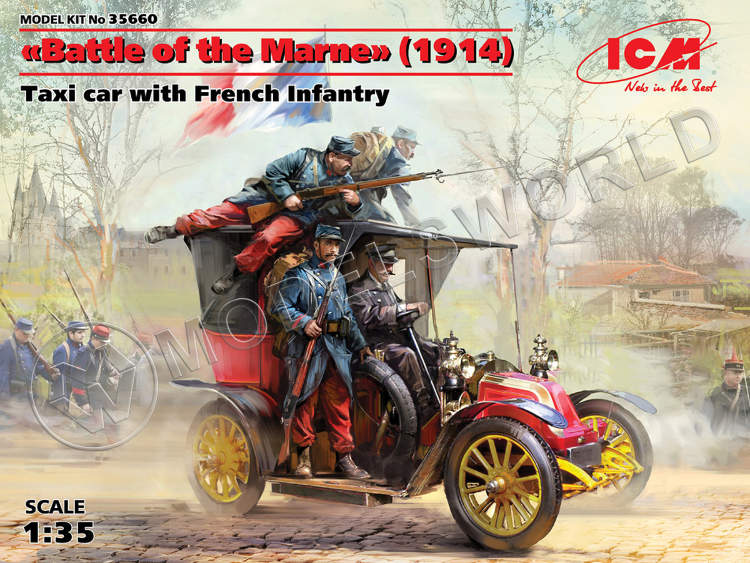 Склеиваемая пластиковая модель "Битва на Марне", Автомобиль такси с французской пехотой, 1914 г. Масштаб 1:35 - фото 1