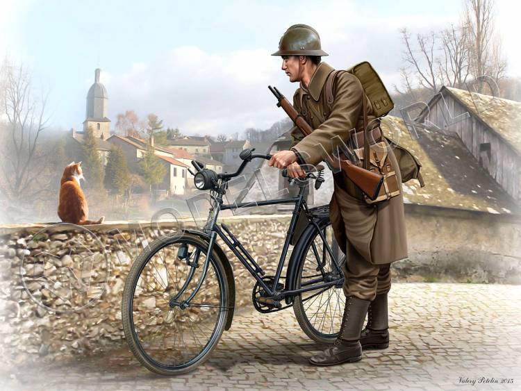 Фигуры Французский солдат с велосипедом II МВ. Масштаб 1:35 - фото 1