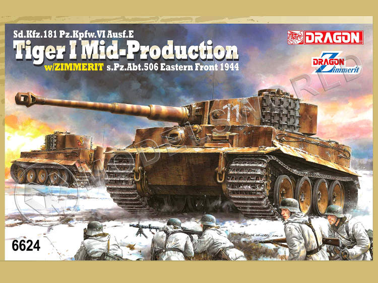Склеиваемая пластиковая модель немецкий танк Tiger I Mid Production w/Zimmerit s.Pz.Abt.506 Восточный фронт 1944. Масштаб 1:35 - фото 1