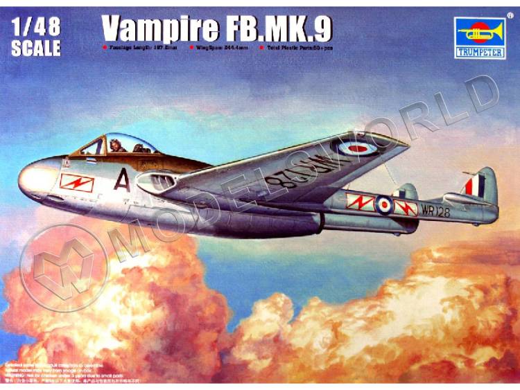 Склеиваемая пластиковая модель истребителя Vampire FB.Mk.9 + КОМПЛЕКТ ДОПОЛНЕНИЙ. Масштаб 1:48 - фото 1