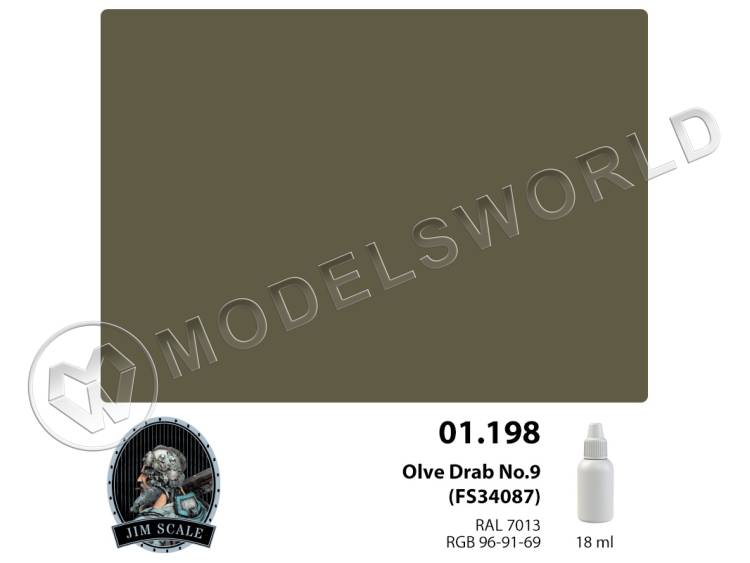 Акриловая краска Jim Scale Olive Drab No.9 (FS 34087), 18 мл - фото 1