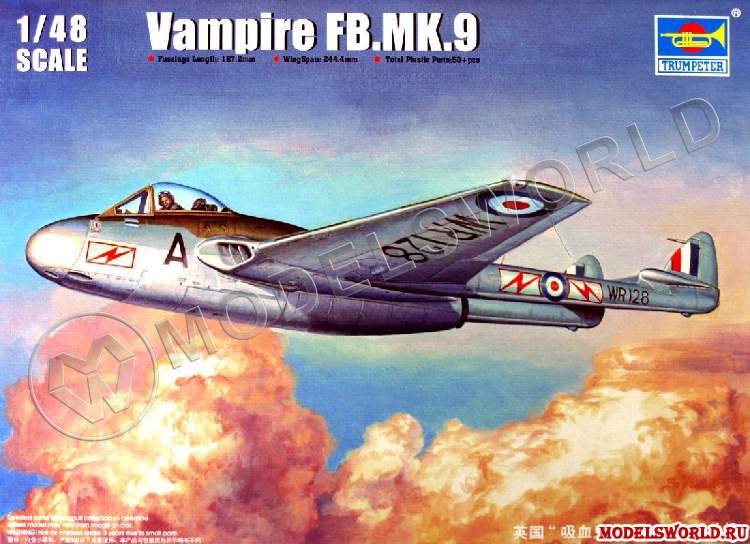 Склеиваемая пластиковая модель самолета Vampire FB.MK.9. Масштаб 1:48 - фото 1