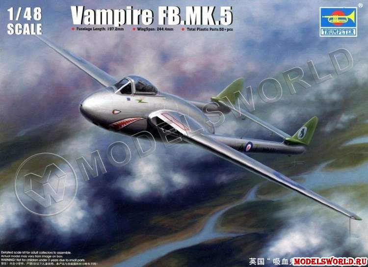 Склеиваемая пластиковая модель самолета Vampire FB.MK.5. Масштаб 1:48 - фото 1