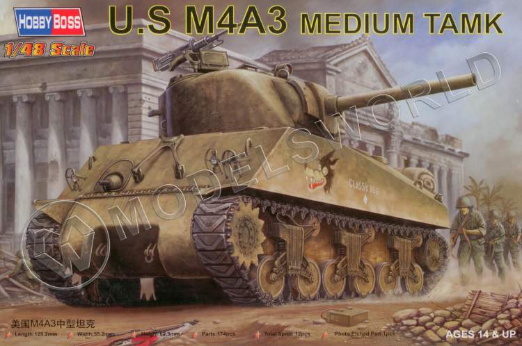 Склеиваемая пластиковая модель U.S M4A3 Medium Tank. Масштаб 1:48 - фото 1