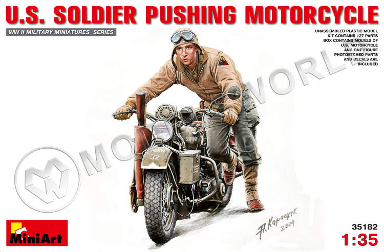 Американский солдат, толкающий мотоцикл. Масштаб 1:35 - фото 1